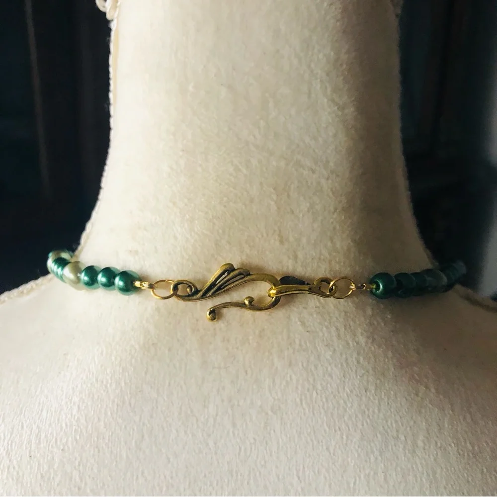 Handcrafted repurpose sage freshwater brass pendant Czech glass Pearl necklace